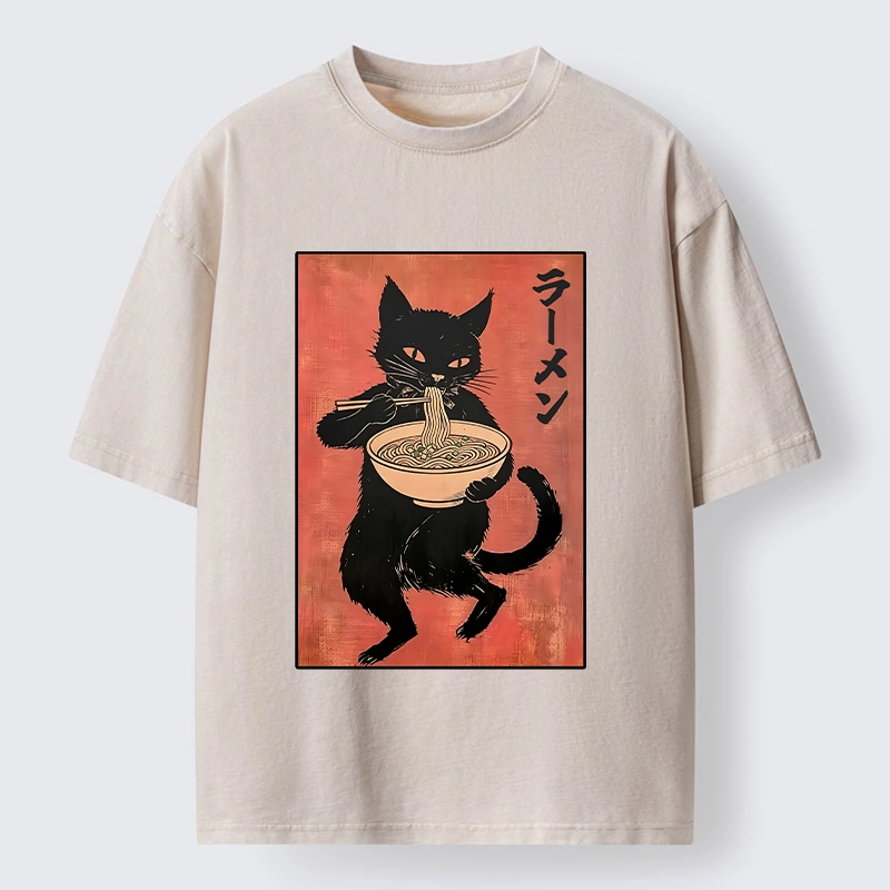Tokyo‑Tiger Retro Cat Ramen Washed T‑Shirt