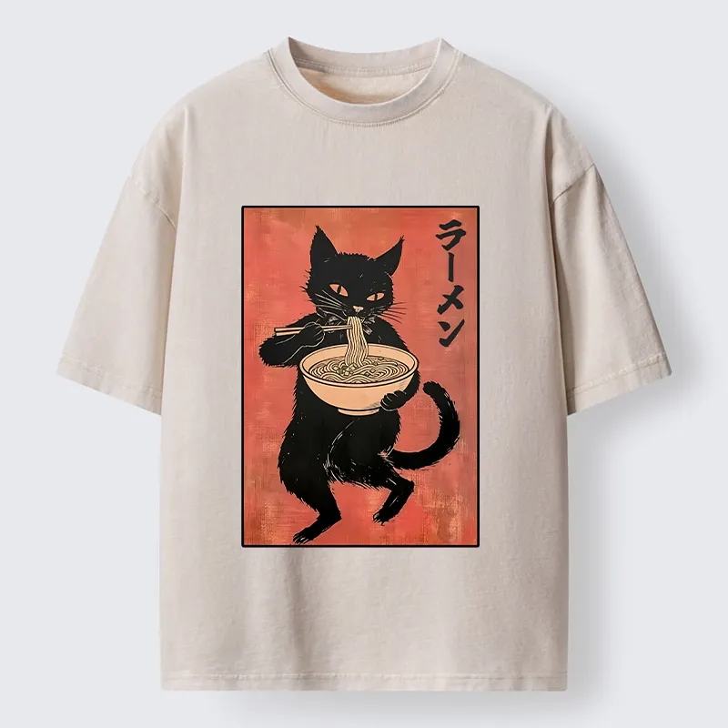 Tokyo‑Tiger Retro Cat Ramen Washed T‑Shirt