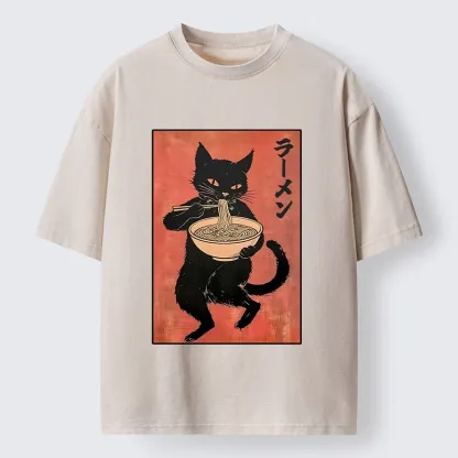 Tokyo‑Tiger Retro Cat Ramen Washed T‑Shirt
