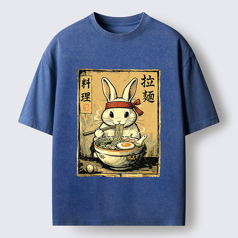 Tokyo-Tiger Cute Rabbit Eating Ramen Washed T-Shirt