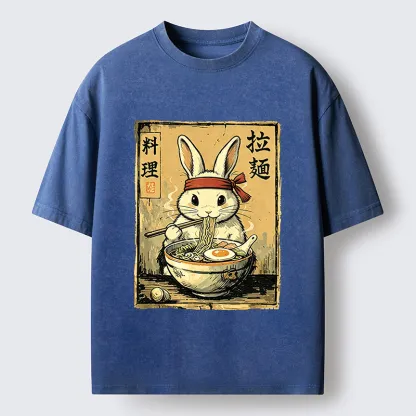 Tokyo-Tiger Cute Rabbit Eating Ramen Washed T-Shirt