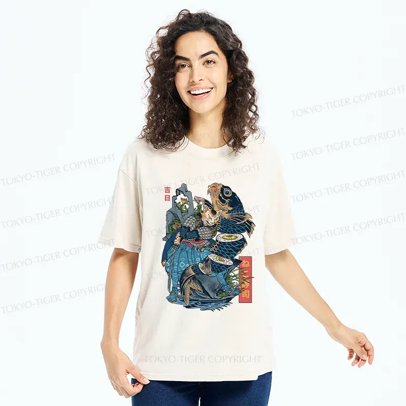 Tokyo-Tiger Funny Cat Kills Fish Washed T-Shirt