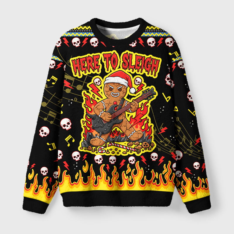 Tokyo-Tiger Rock And Roll Gingerbread Man Fuzzy Christmas Ugly Sweatshirt