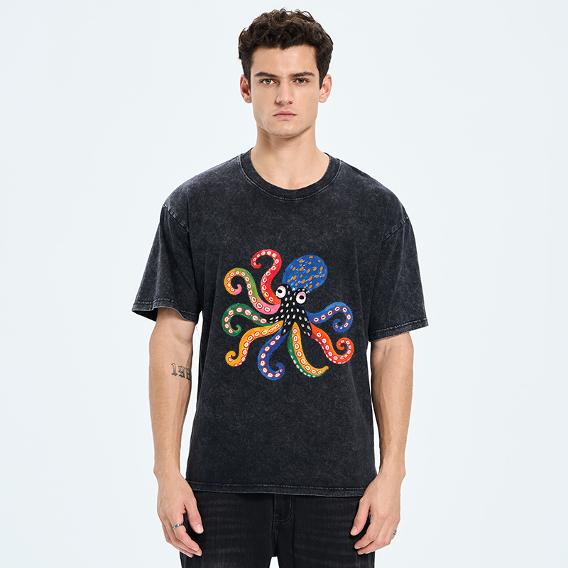 Tokyo-Tiger Bright Rainbow Octopus Washed T-Shirt