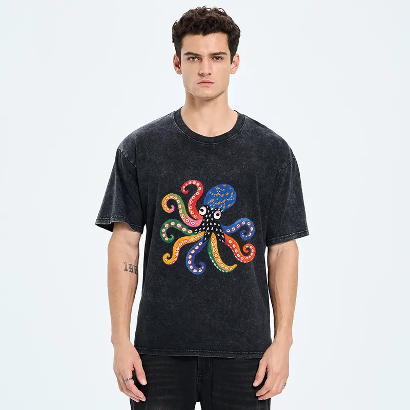 Tokyo-Tiger Bright Rainbow Octopus Washed T-Shirt