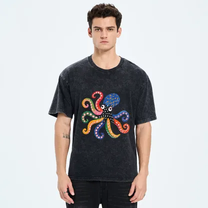 Tokyo-Tiger Bright Rainbow Octopus Washed T-Shirt
