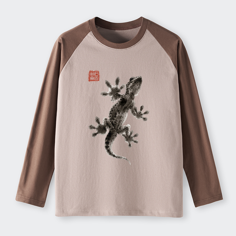 Tokyo-Tiger Minimal Asian Ink Brush Gecko Vibe Raglan Long Sleeve T-shirt