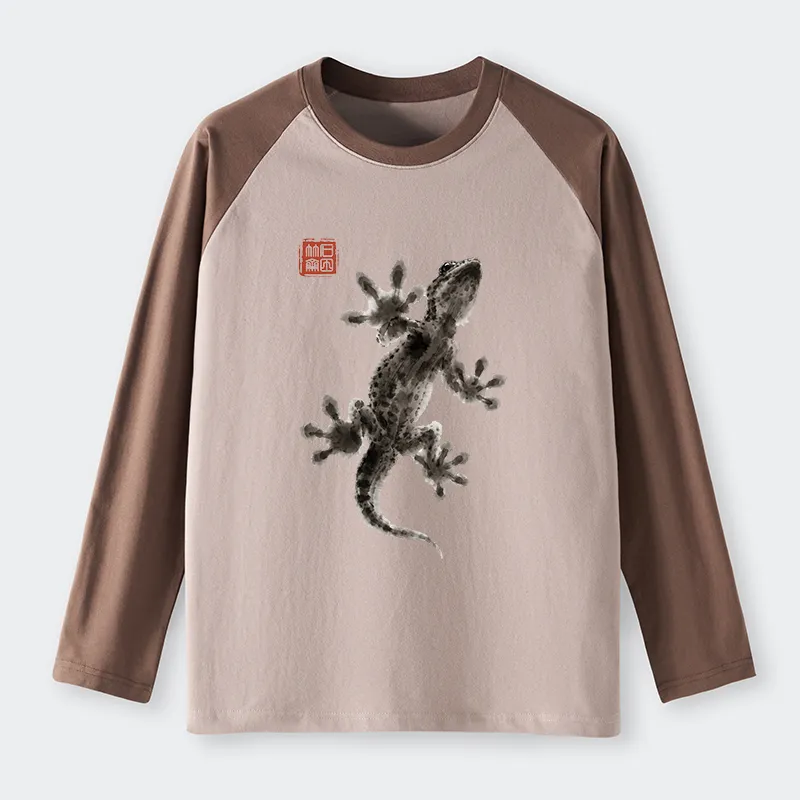 Tokyo-Tiger Minimal Asian Ink Brush Gecko Vibe Raglan Long Sleeve T-shirt