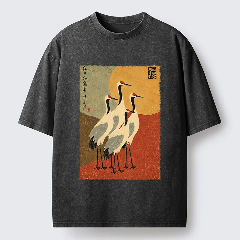 Tokyo‑Tiger Oriental Crane Group Painting Washed T‑Shirt Sale