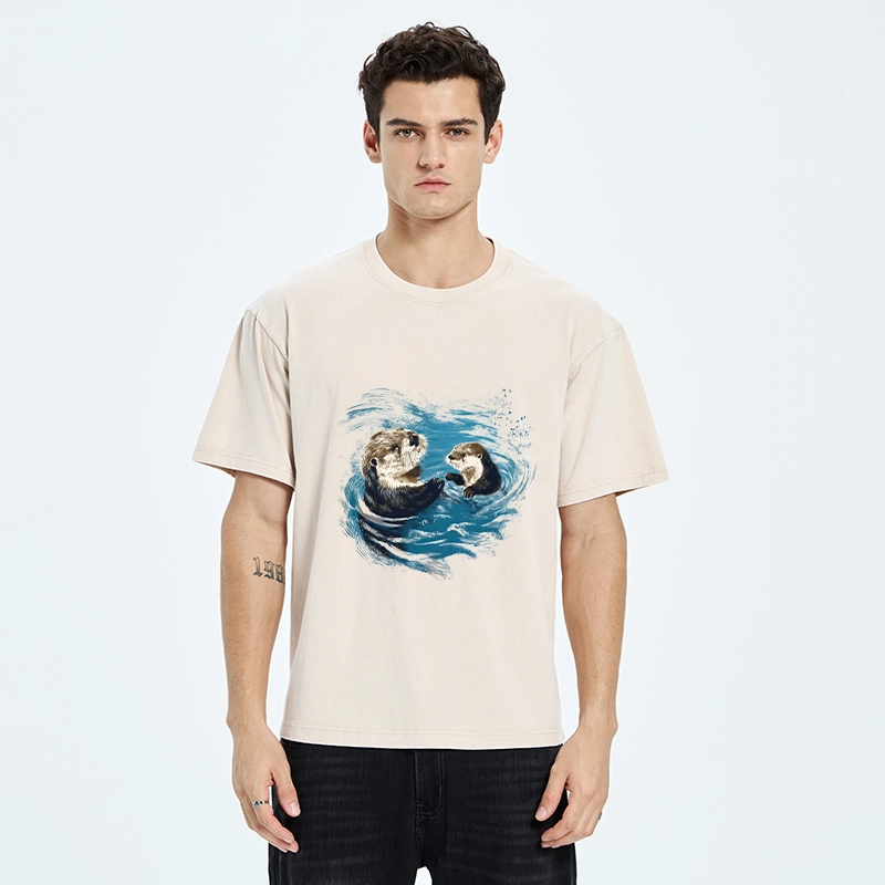 Tokyo-Tiger Meme Cute Otter Pair In Water Washed T-Shirt