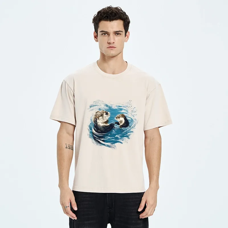 Tokyo-Tiger Meme Cute Otter Pair In Water Washed T-Shirt
