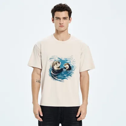 Tokyo-Tiger Meme Cute Otter Pair In Water Washed T-Shirt