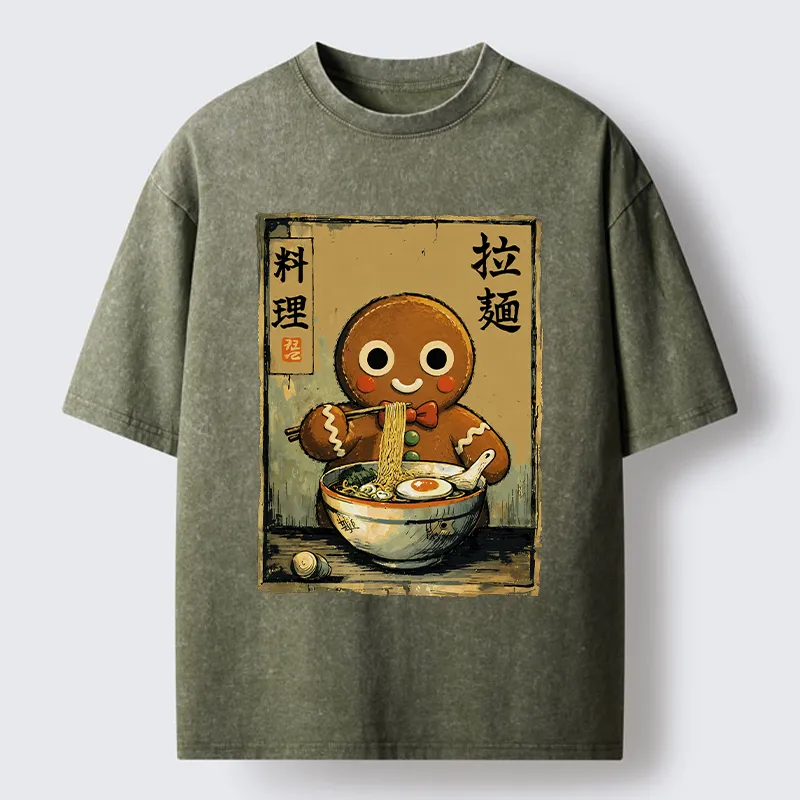Tokyo-Tiger Funny Gingerbread Eating Ramen Washed T-Shirt