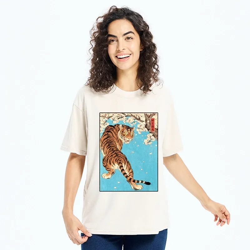 Tokyo-Tiger Fierce Tiger And Sakura Petals Washed T-Shirt