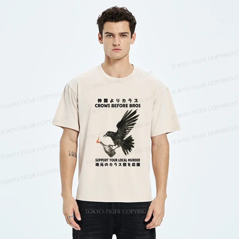 Tokyo-Tiger Crow Holding A Fire Bottle Washed T-Shirt