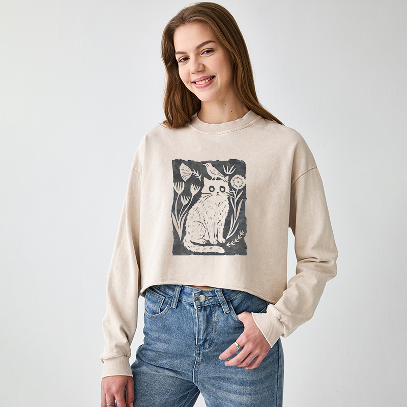 Tokyo-Tiger Folk Paper Cut Cat Bird Floral Art Washed Crop Sweatshirt