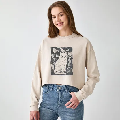Tokyo-Tiger Folk Paper Cut Cat Bird Floral Art Washed Crop Sweatshirt