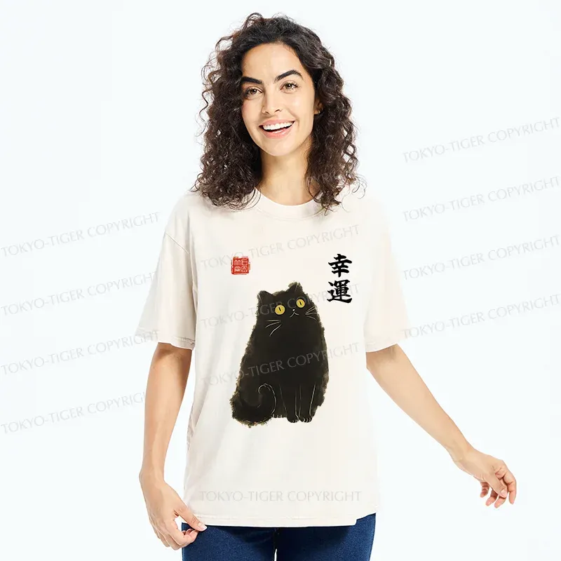 Tokyo-Tiger Lucky Black Cat Washed T-Shirt