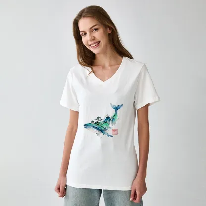 Tokyo-Tiger Whale Ink Painting Landscape V-Neck Classic T-Shirt