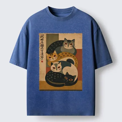 Tokyo-Tiger Retro Stack Cat Art Washed T-Shirt