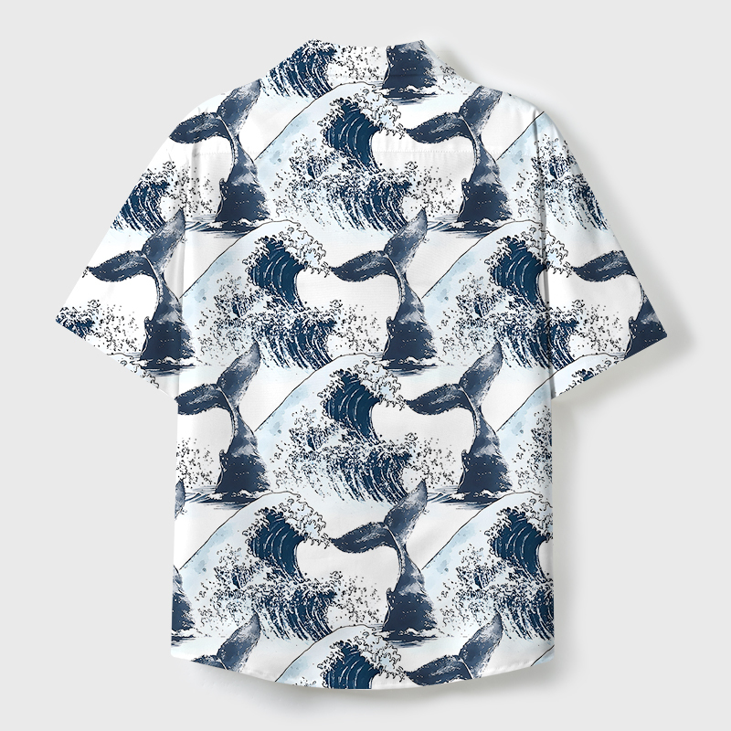 Tokyo-Tiger Whale Tail Wave Art Cuban Collar Shirt