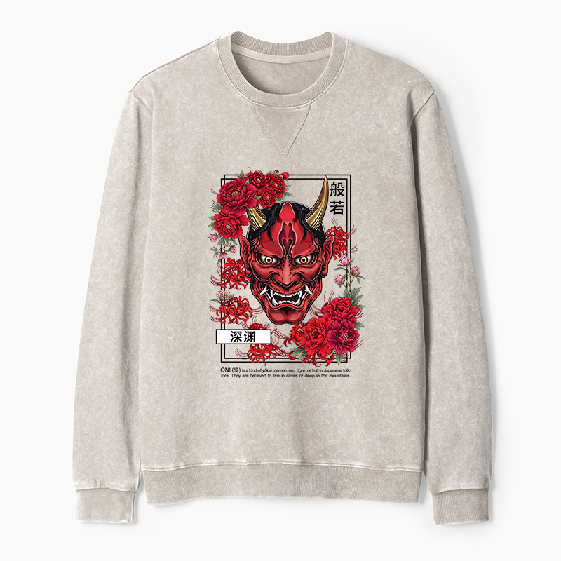Tokyo-Tiger Cool Oni Floral Art Washed Terry Sweatshirt