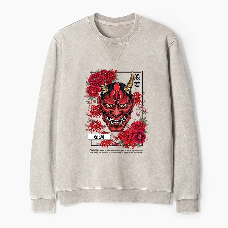 Tokyo-Tiger Cool Oni Floral Art Washed Terry Sweatshirt