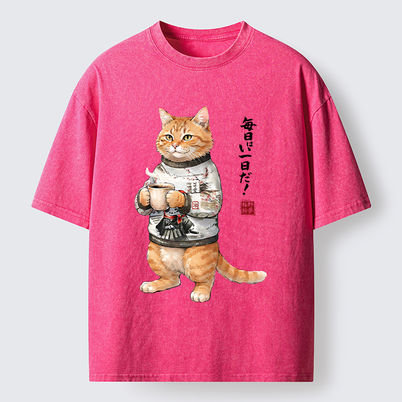 Tokyo‑Tiger Sweater Cat Coffee Washed T‑Shirt