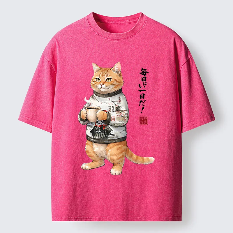Tokyo‑Tiger Sweater Cat Coffee Washed T‑Shirt