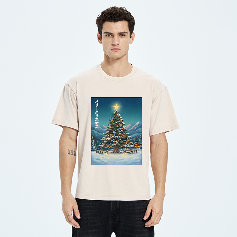 Tokyo-Tiger Snow Mountain Christmas Tree Vibe Washed T-Shirt