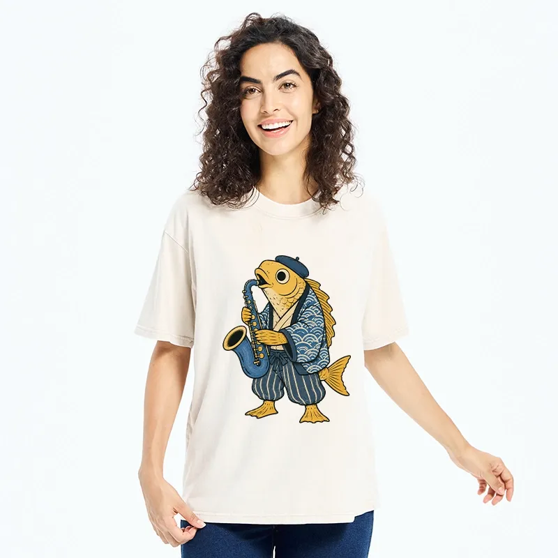 Tokyo-Tiger Jazz Sax Fish Vintage Japanese Ukiyo Art Washed T-Shirt