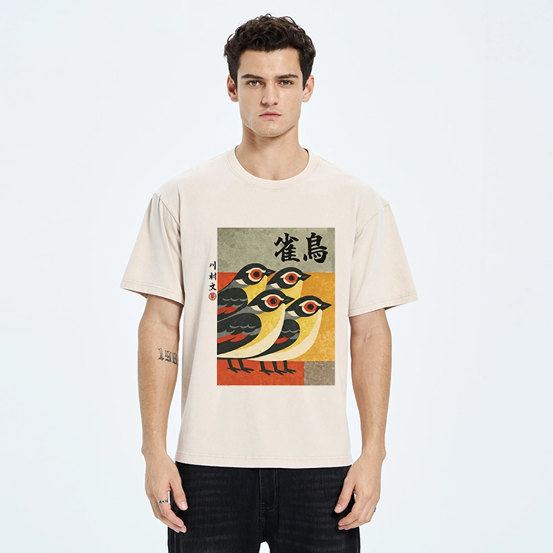 Tokyo-Tiger Cute Sparrows In Retro Japanese Print Washed T-Shir