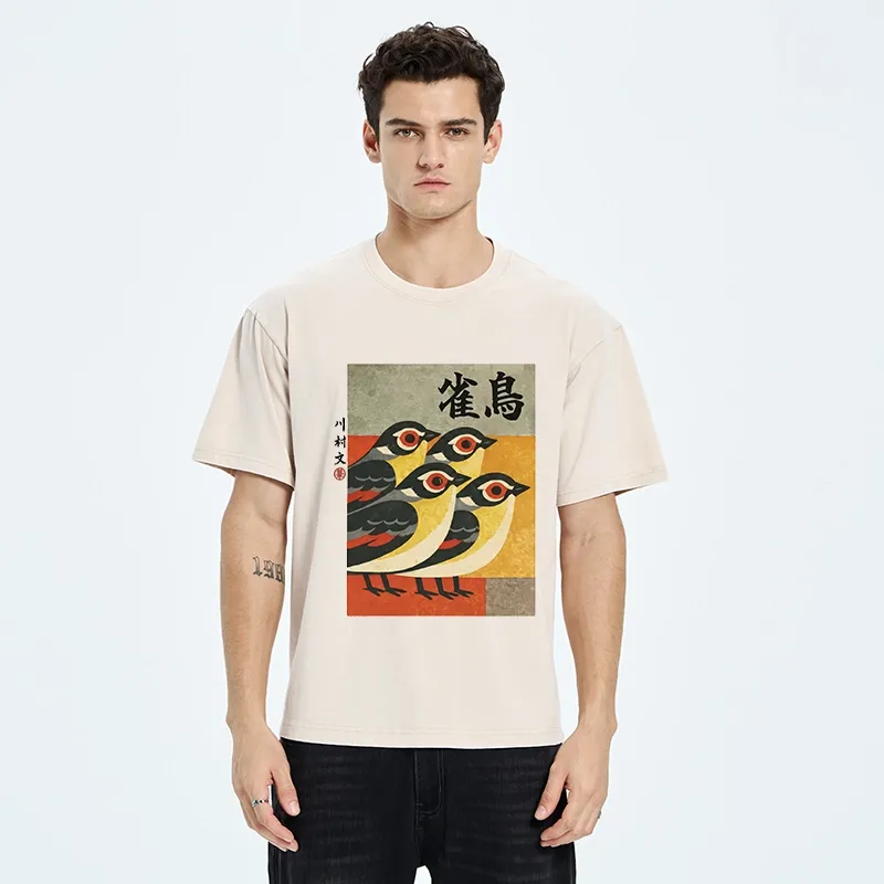 Tokyo-Tiger Cute Sparrows In Retro Japanese Print Washed T-Shir