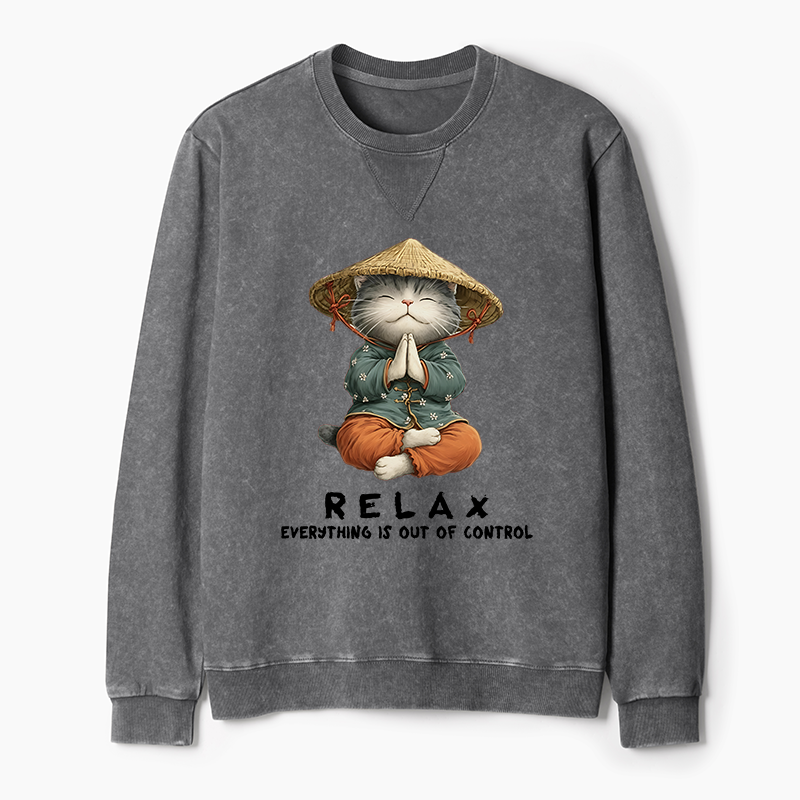 Tokyo-Tiger Zen Relax Cat Graphic Washed Terry Sweatshirt