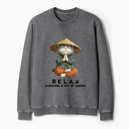 Tokyo-Tiger Zen Relax Cat Graphic Washed Terry Sweatshirt