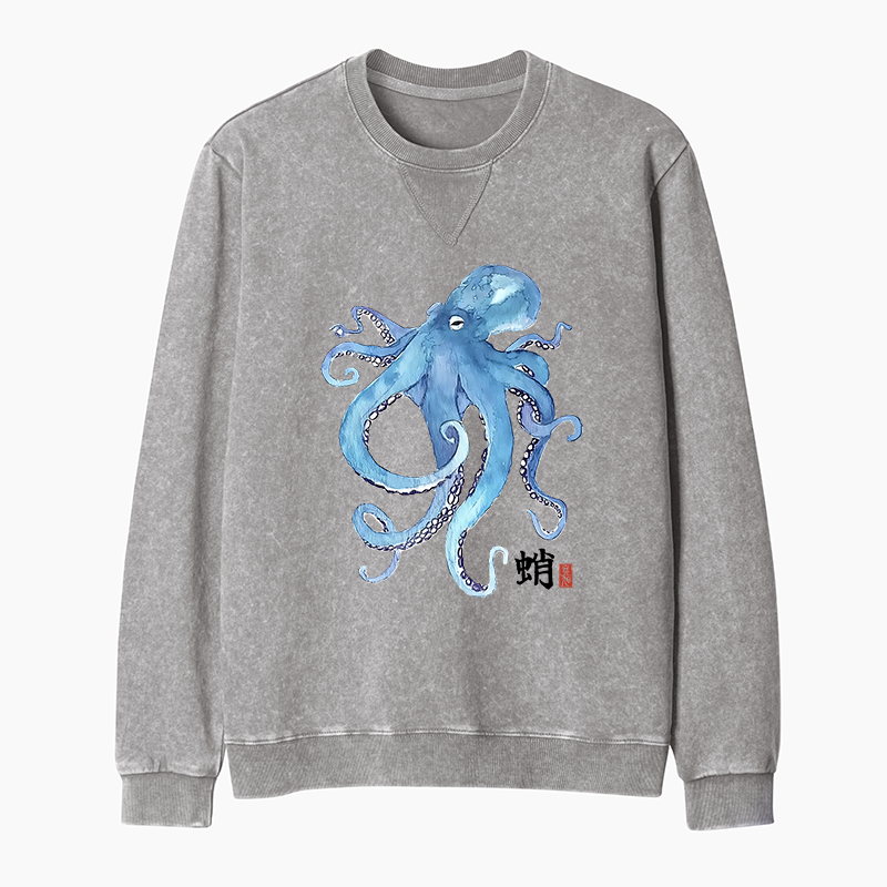 Tokyo-Tiger Watercolor Blue Octopus Washed Terry Sweatshirt