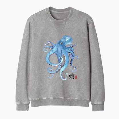 Tokyo-Tiger Watercolor Blue Octopus Washed Terry Sweatshirt