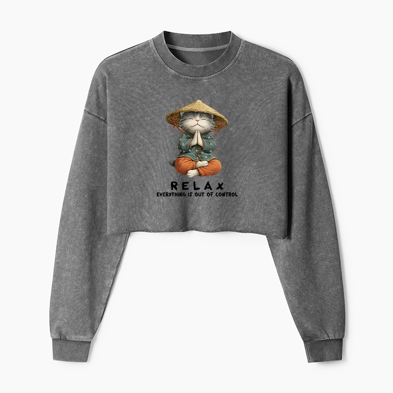 Tokyo-Tiger Zen Relax Cat Graphic Washed Crop Sweatshirt