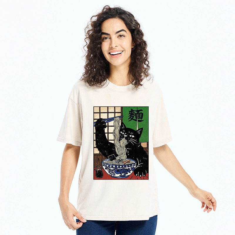 Tokyo‑Tiger Ramen Cat Vibes Washed T‑Shirt