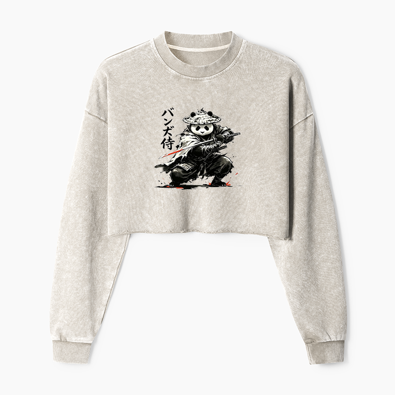 Tokyo-Tiger Panda Samurai Warrior Washed Crop Sweatshirt