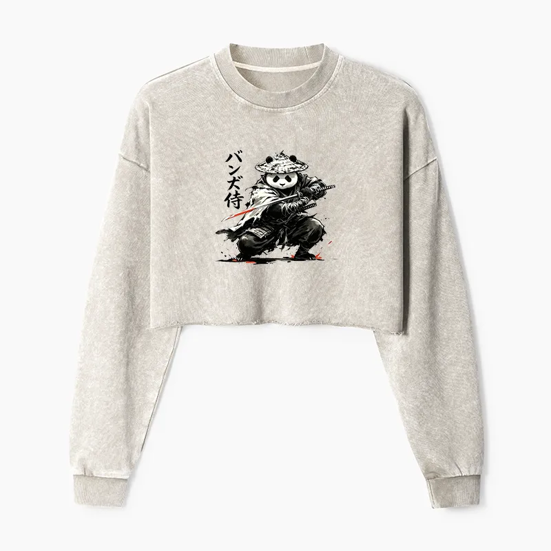 Tokyo-Tiger Panda Samurai Warrior Washed Crop Sweatshirt