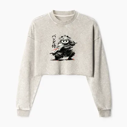 Tokyo-Tiger Panda Samurai Warrior Washed Crop Sweatshirt