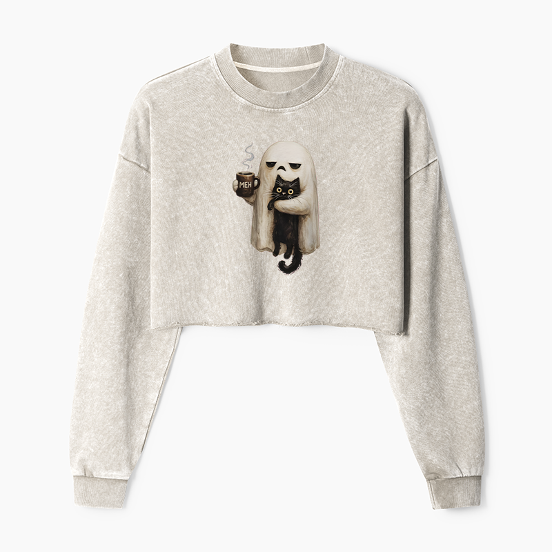 Tokyo-Tiger Ghost Cat Coffee Mood Washed Crop Sweatshirt