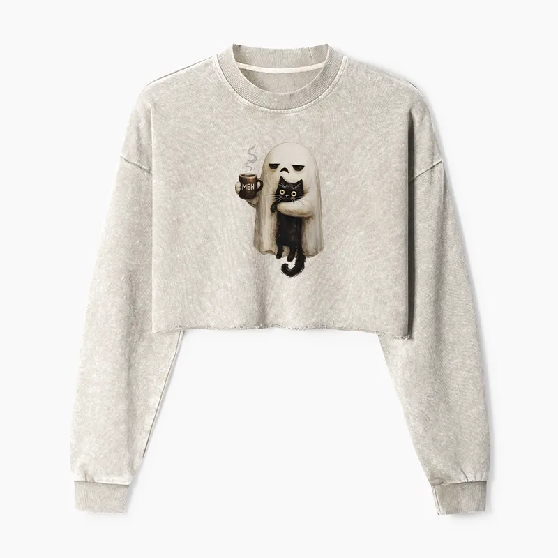 Tokyo-Tiger Ghost Cat Coffee Mood Washed Crop Sweatshirt
