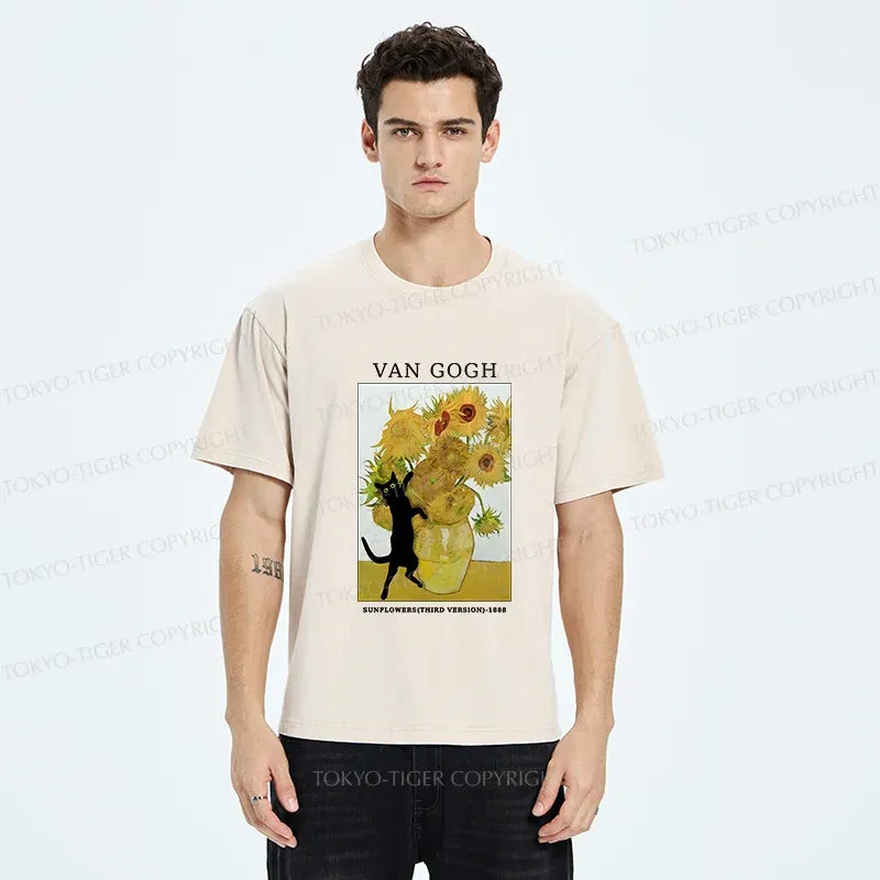 Tokyo-Tiger Cat Plays With Sunflowers Washed T-Shirt