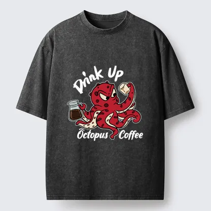 Tokyo-Tiger Red Octopus Drinking Coffee Washed T-Shirt
