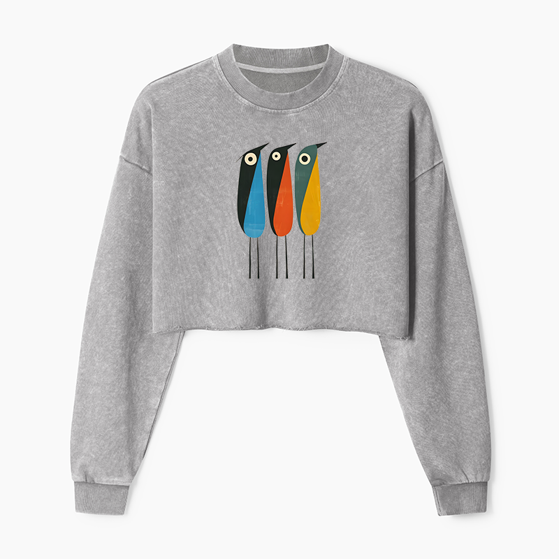 Tokyo-Tiger Bold Shape Birds Washed Crop Sweatshirt