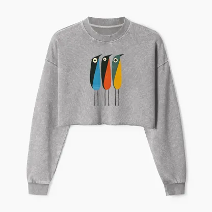 Tokyo-Tiger Bold Shape Birds Washed Crop Sweatshirt