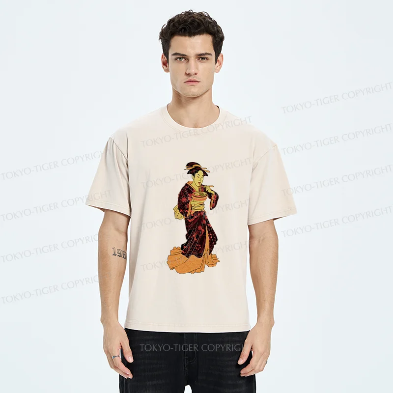 Tokyo-Tiger Geisha Eating Ramen Washed T-Shirt