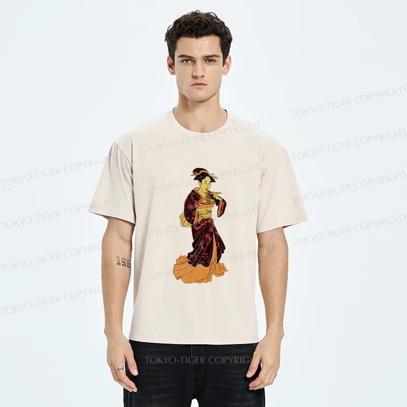 Tokyo-Tiger Geisha Eating Ramen Washed T-Shirt